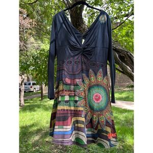 DESIGUAL Vintage Twist Front Mandala Boho Long Sleeve Mini Dress Size L